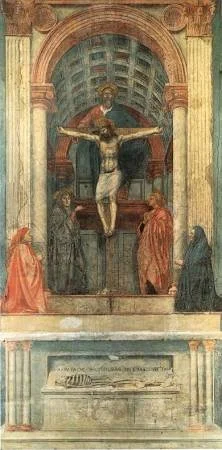 Masaccio’s Holy Trinity, showing Christ on the cross beneath a vaulted architectural space, flanked by saints and donors in an early Renaissance fresco using dramatic linear perspective.