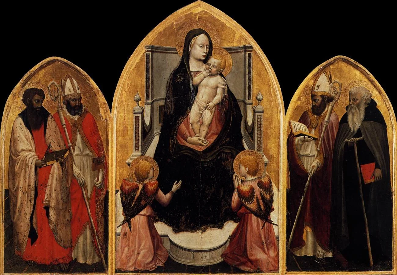 Masaccio’s San Giovenale Triptych, 1422, showing the Virgin and Child enthroned at center with two kneeling angels, flanked by pairs of standing saints against a gold background.