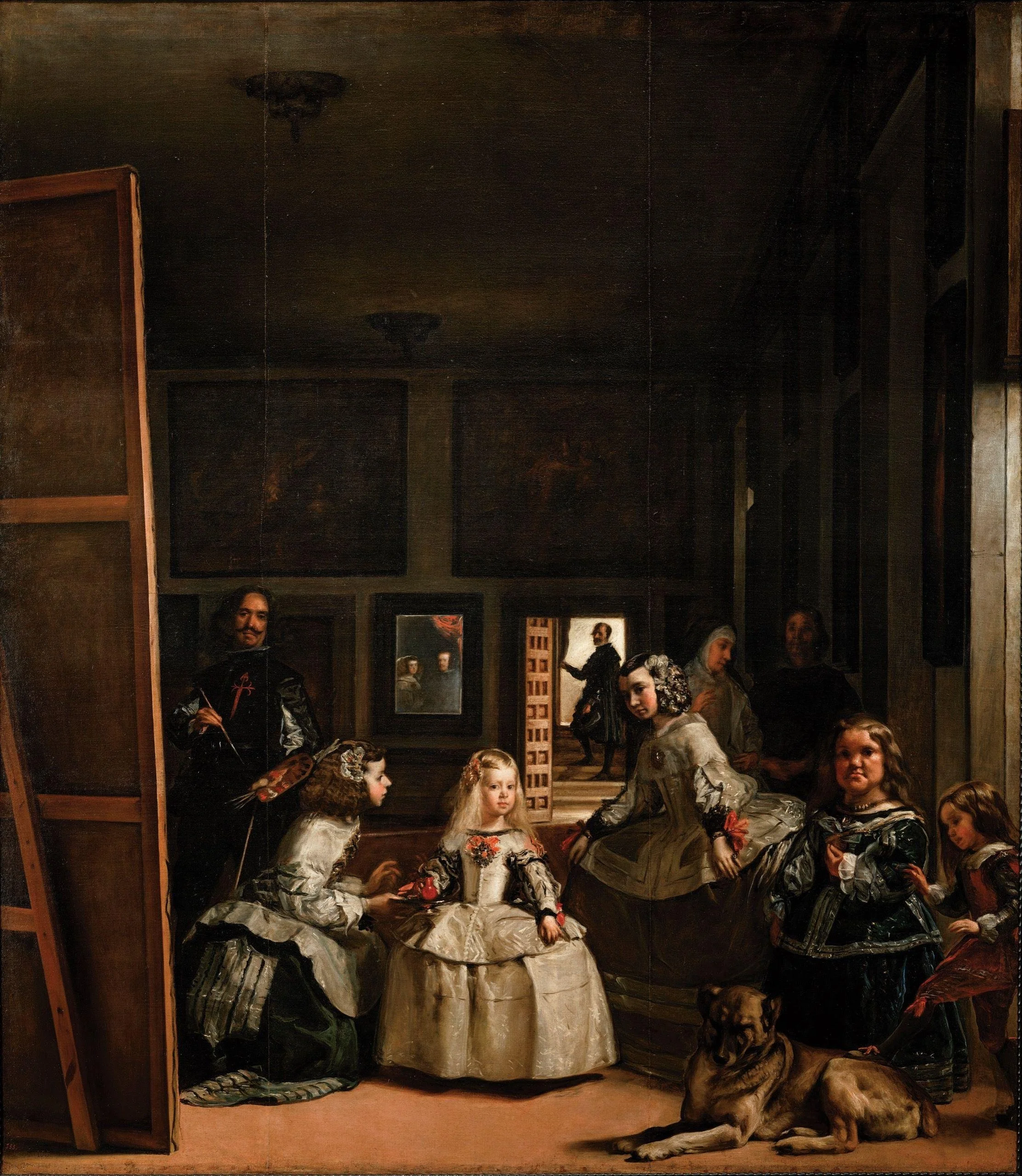 Diego Velázquez’s Las Meninas, depicting the young Infanta Margarita surrounded by attendants, a dog, and the artist himself inside the Spanish royal court, with a mirror reflecting the king and queen in the background.