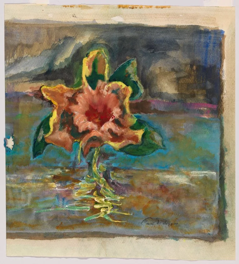 “Carl Ruggles – ‘Trumpet Flower,’ 1940 watercolor: vivid red blossom floating on blue pool, bold expressive color and brushwork.”