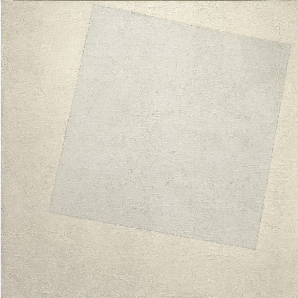 Kazimir Malevich’s White on White, showing a tilted off-white square floating within a slightly different white field.