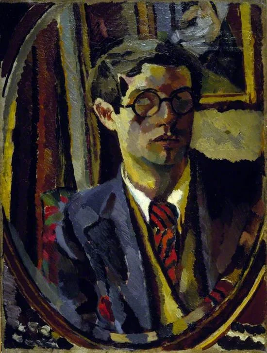 Painted self-portrait of a man in a suit and patterned tie, seen through an oval mirror. Bold, dark colors and expressive brushstrokes fragment the face and background, emphasizing mood, reflection, and painterly structure.