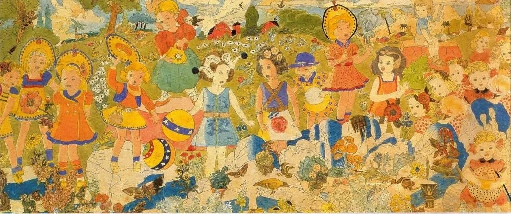 Colorful panoramic watercolor by Henry Darger depicting groups of young girls and children gathered in a densely detailed fantasy landscape filled with flowers, trees, animals, butterflies, and rolling hills.
