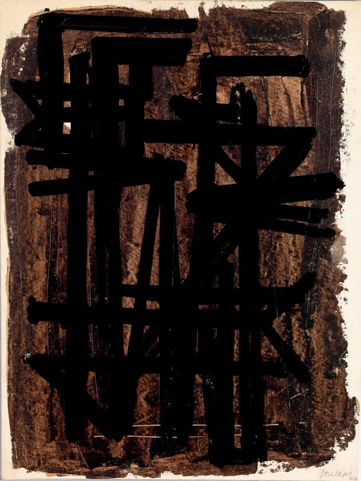 A painting with brown background and black vertical and horizontal marks on it in black.