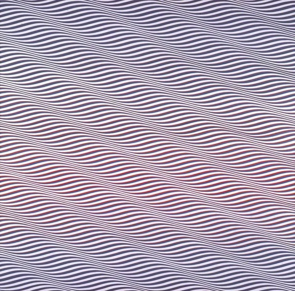 Bridget Riley’s Cataract 3 is a square abstract painting made of tightly repeated vertical waves of red, blue, and green.