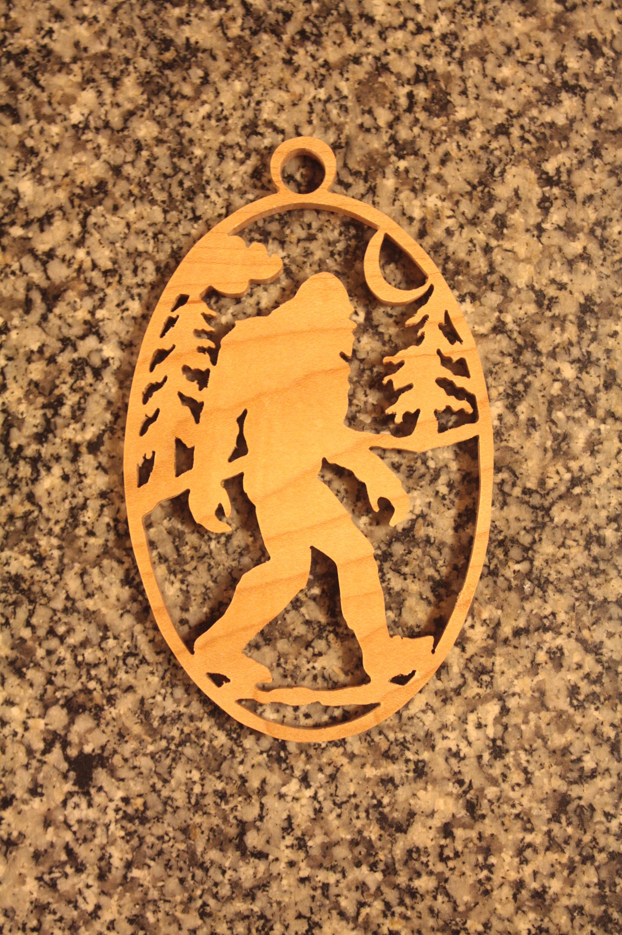 A custom Sasquatch ornament that has become one of the favorites that I've made on the scroll saw. I'd be happy to make your ideas come to life, just head to the custom page and let me know.