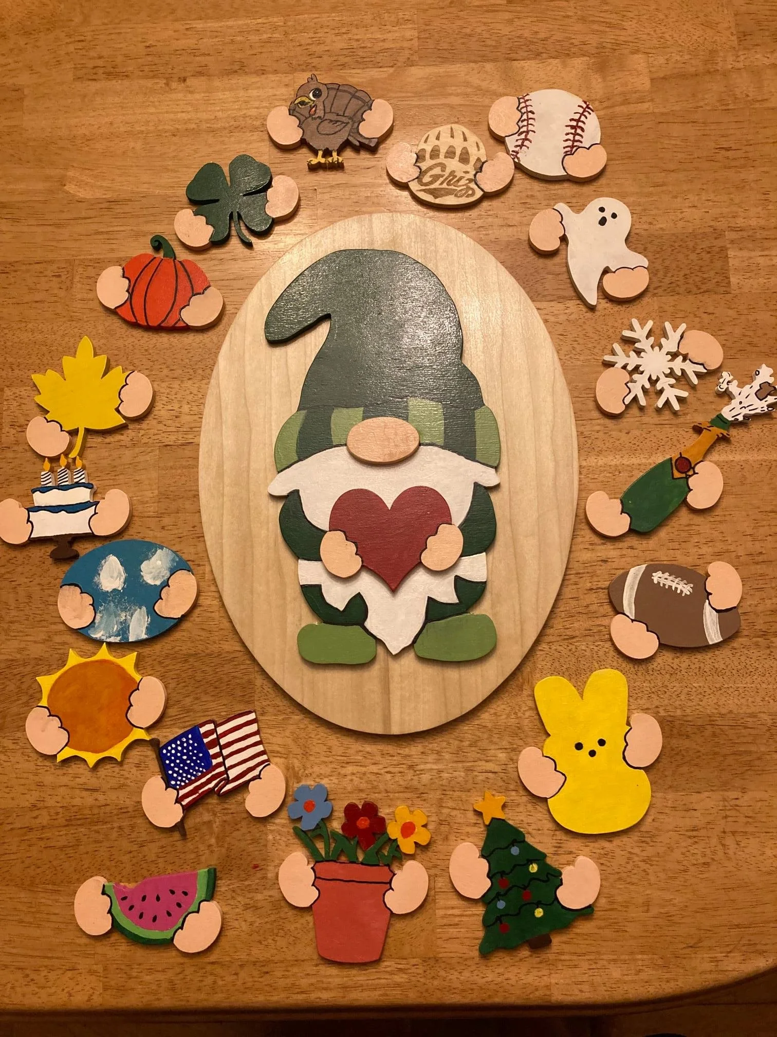 A magnetic gnome holiday piece I made for my mom. He can hold stuff for any occasion.