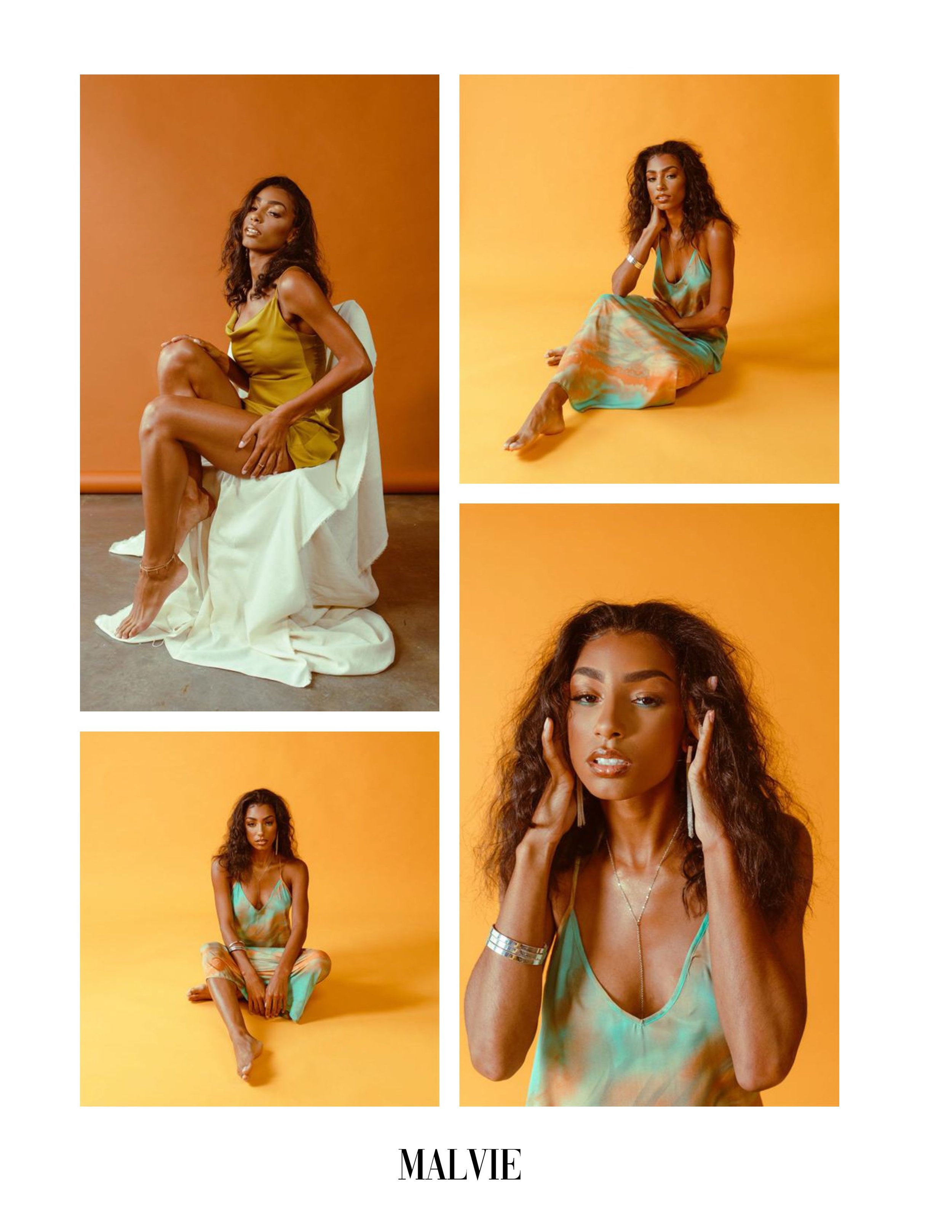 Series of photos of a woman with curly hair posing in colorful outfits against orange backgrounds, with the name 'Malvie' at the bottom.