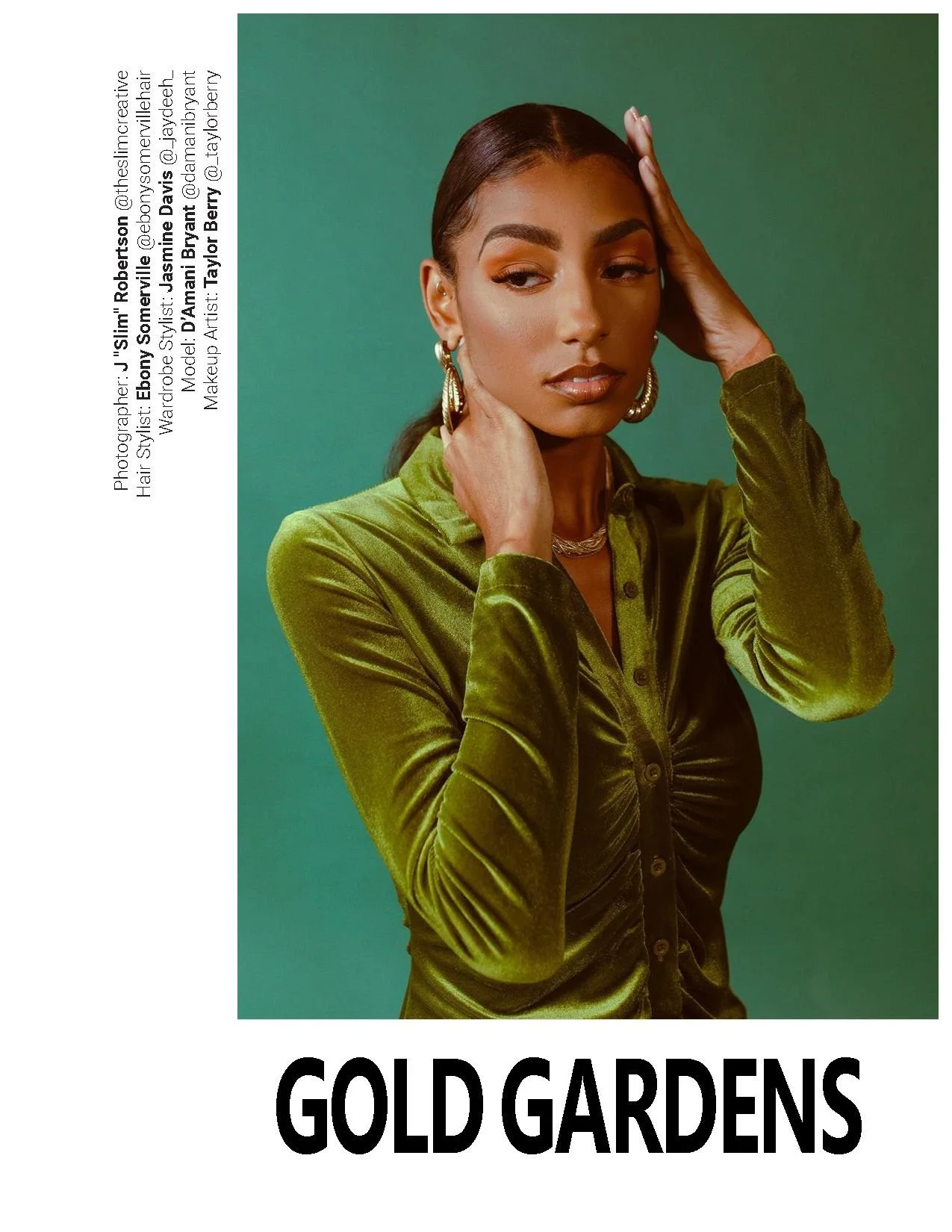 A woman wearing a green velvet blouse with gold jewelry poses with her hand on her face against a green background, with the text 'GOLD GARDENS' below.