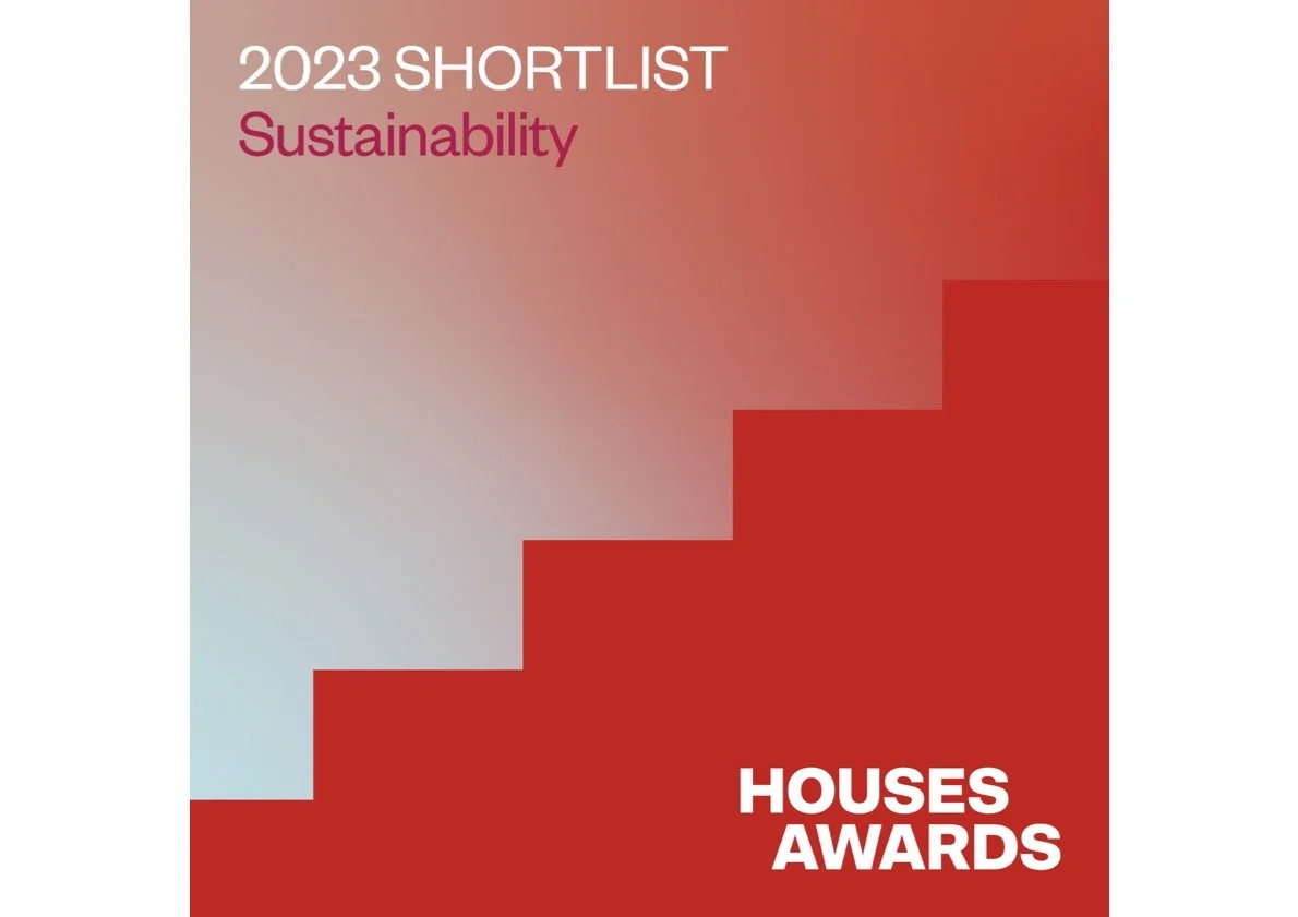 Cover image for the 2023 Houses Awards shortlist, focusing on sustainability, featuring a red and pastel gradient background with stepped design.