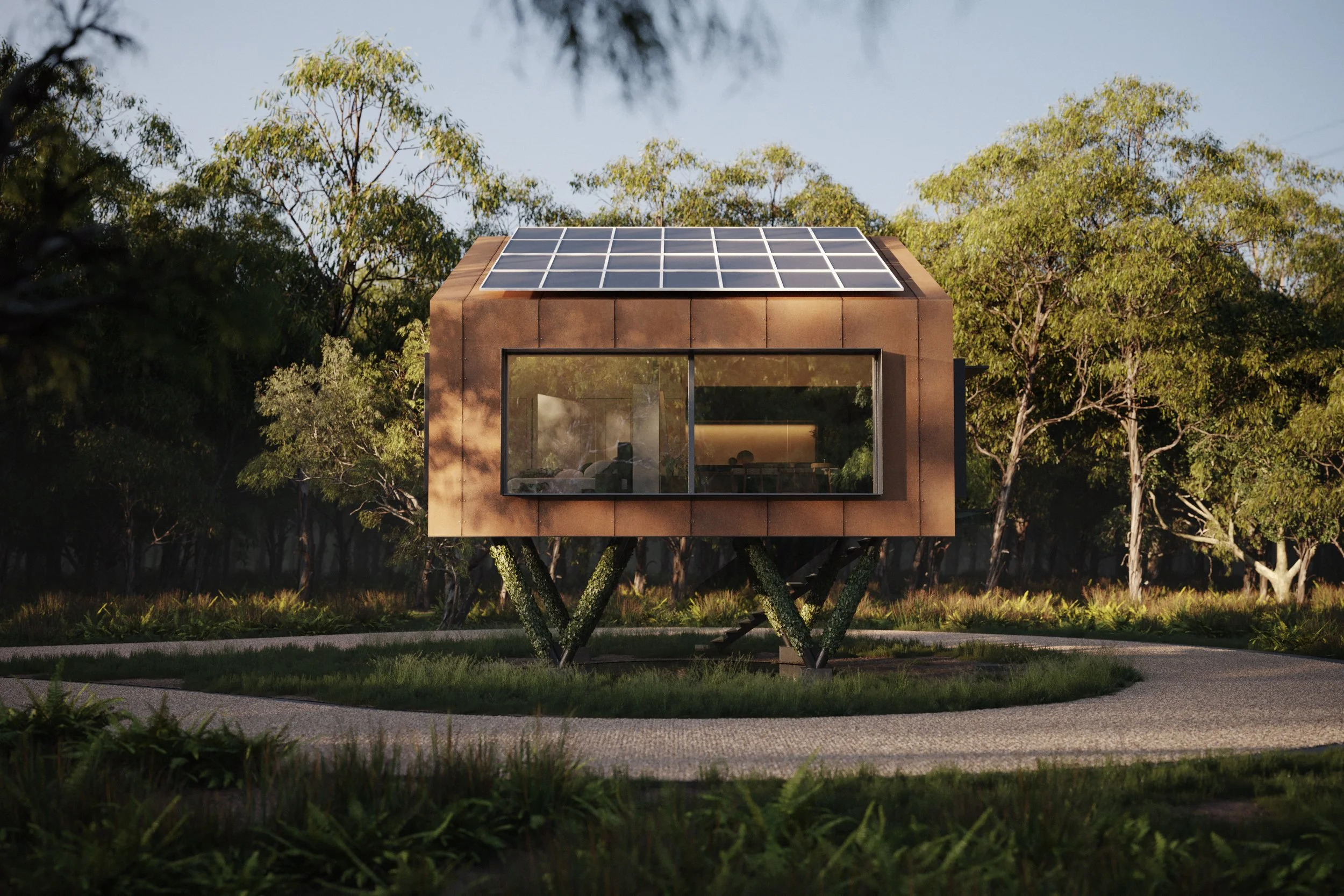 A tiny house with solar panels on the roof, elevated on stilts among trees, with greenery and a pathway in the foreground.