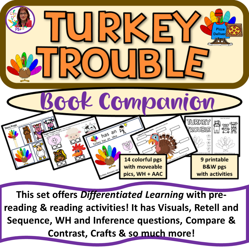 Cover of a book titled "Turkey Trouble Book Companion" with colorful turkey illustrations, showing pages with craft activities, coloring pages, and story sequencing activities related to turkeys.