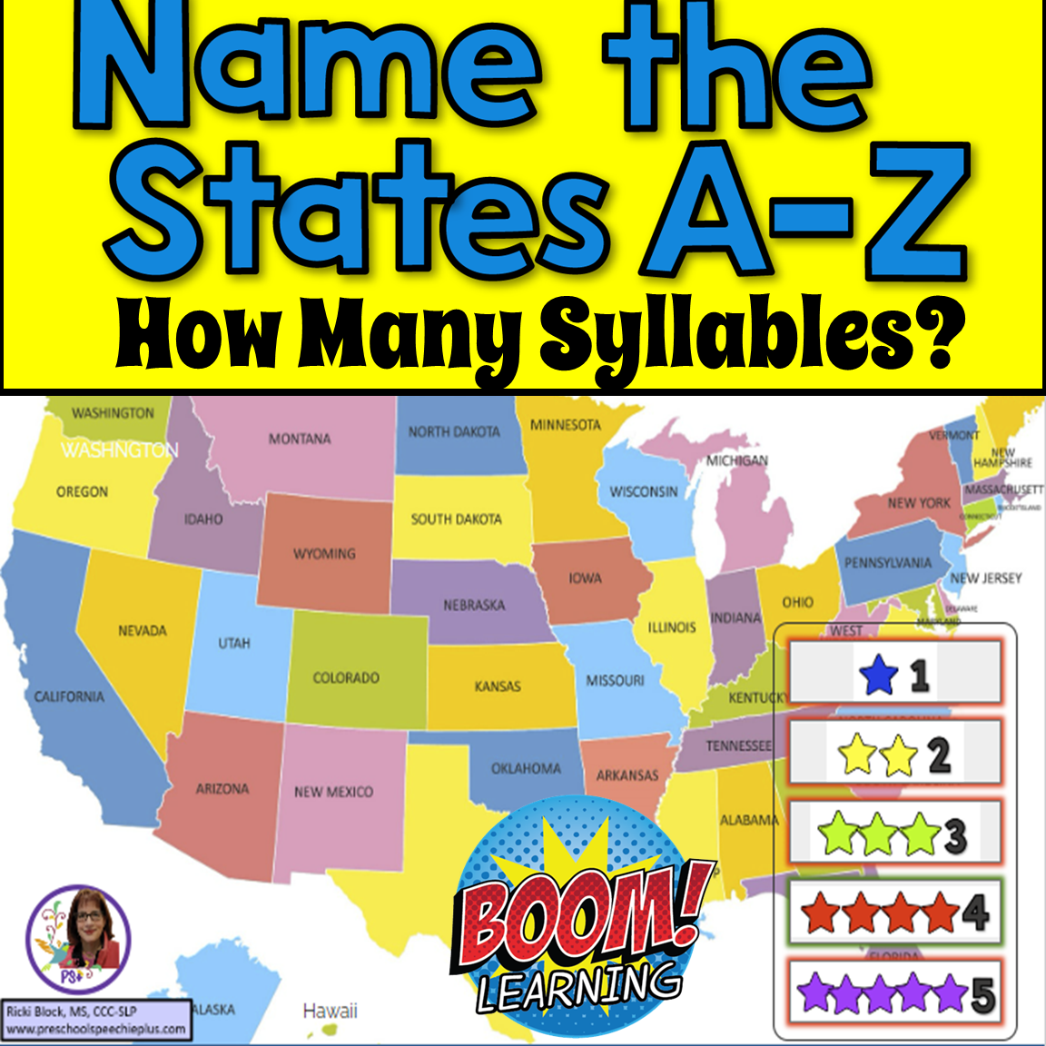 A colorful map of the United States showing each state with the title 'Name the States A-Z How Many Syllables?' and a legend indicating the number of syllables for each state, from 1 to 5, with corresponding star icons in different colors.