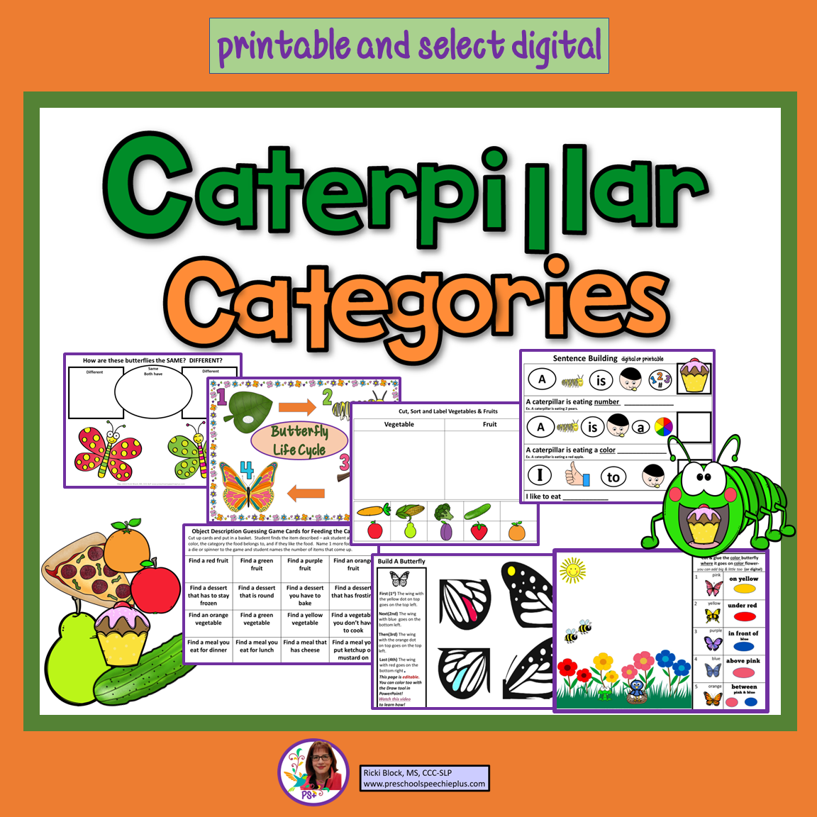 Cover of educational material titled 'Caterpillar Categories' with colorful illustrations of butterflies, a caterpillar, and various educational worksheets for children related to food, colors, numbers, and object sorting.