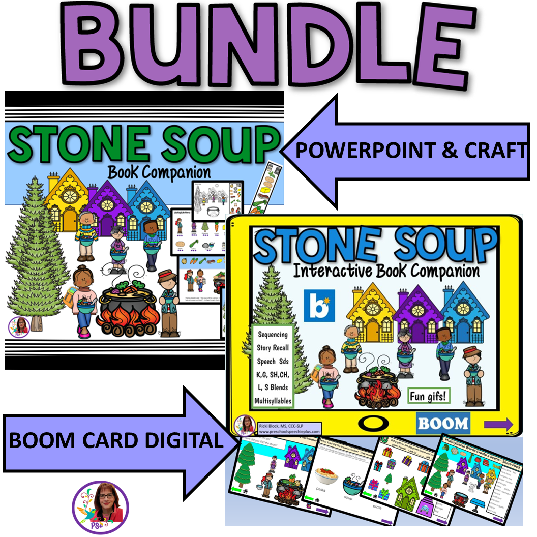 Colorful educational resource titled 'Stone Soup Book Companion' with images of children, houses, and outdoor scene, indicating it includes PowerPoint, craft activities, digital Boom Card, and fun GIFs.