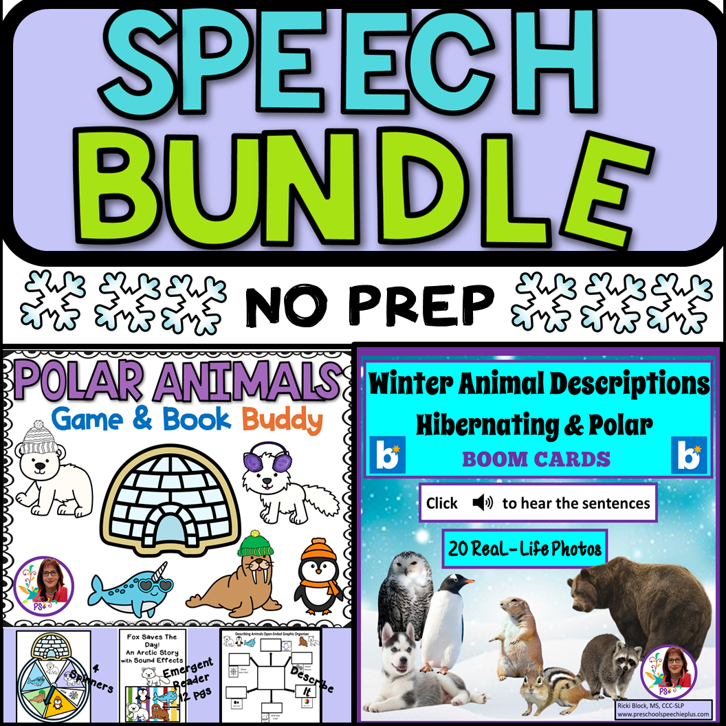 A colorful advertisement for a speech bundle resource that includes polar animal descriptions, games, and books, with a winter theme featuring polar animals and snowflakes.