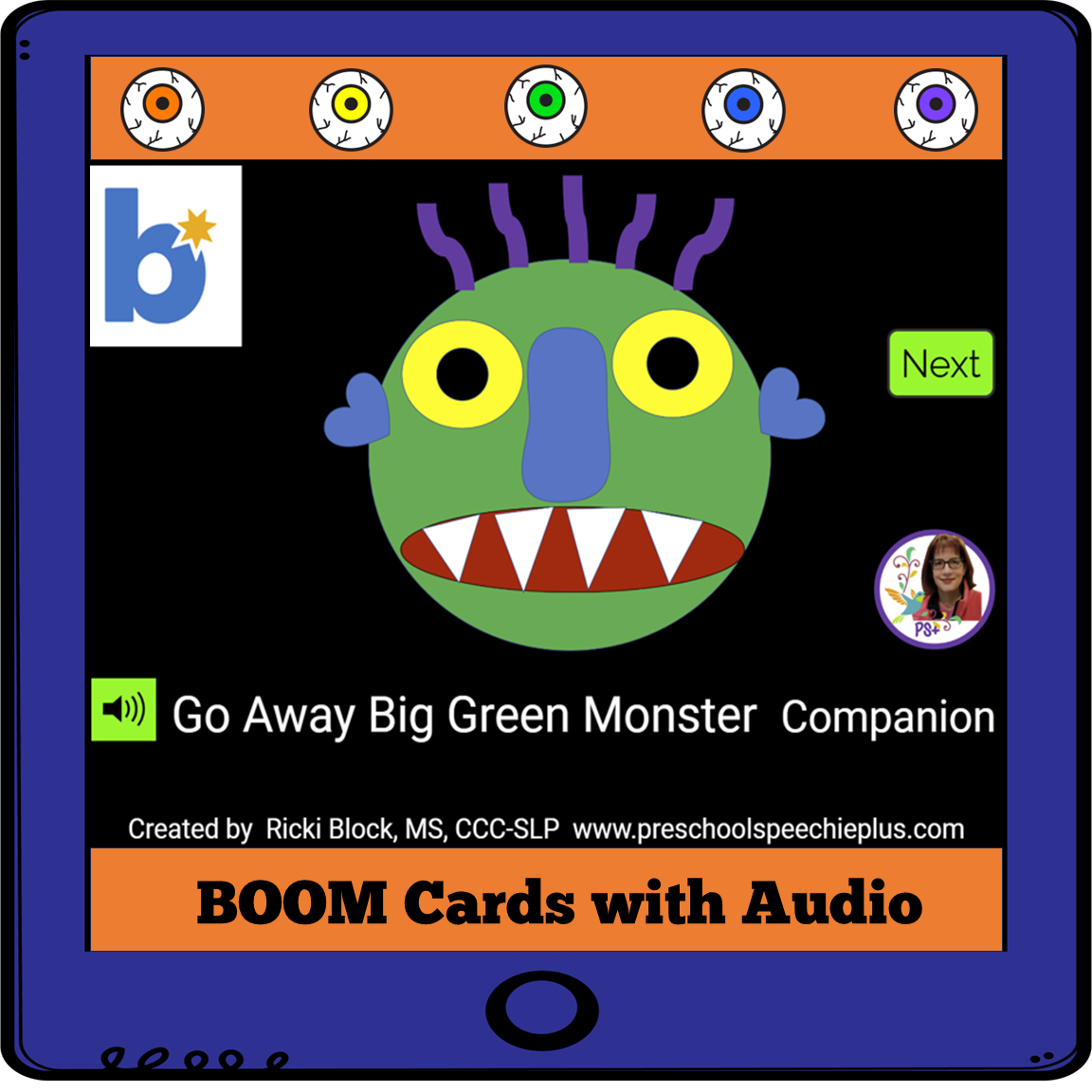 Digital card graphic featuring a colorful cartoon monster with big yellow eyes, blue nose, purple hair, and sharp teeth, labeled "Go Away Big Green Monster Companion." The card has a black background with orange, green, and purple accents, and button
