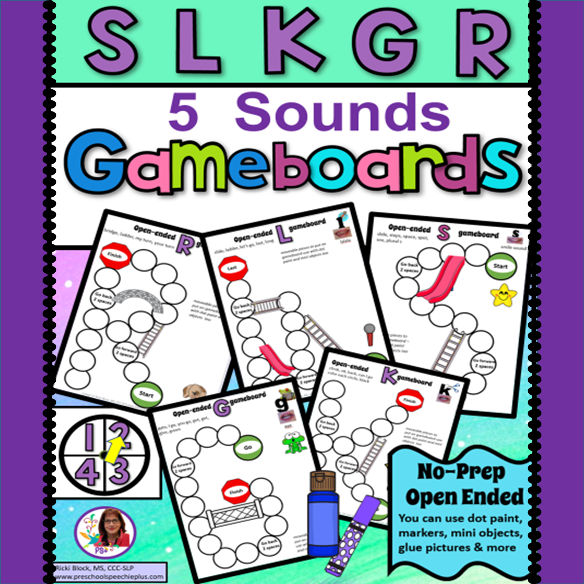 Cover image of a collection of five open-ended game boards for speech therapy, featuring colorful graphics and spaces for dot paints, markers, mini objects, and glue pictures, with a title "5 Sounds Gameboards" and examples of each board for sounds S
