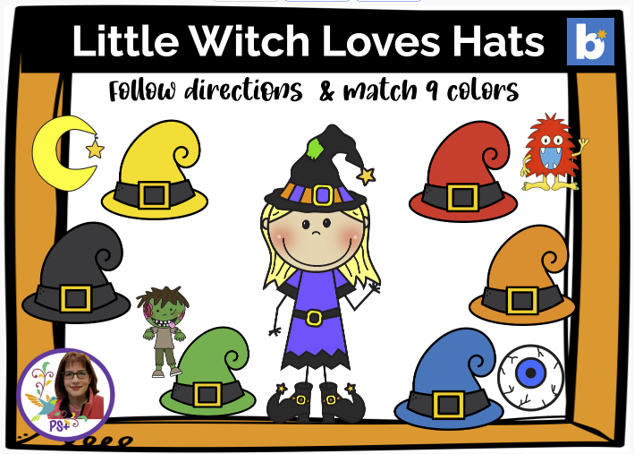 A children's educational game board titled 'Little Witch Loves Hats' showing a cartoon witch and nine different colored hats with black bands and gold buckles, and a small cartoon monster. The game instructs players to follow directions and match the