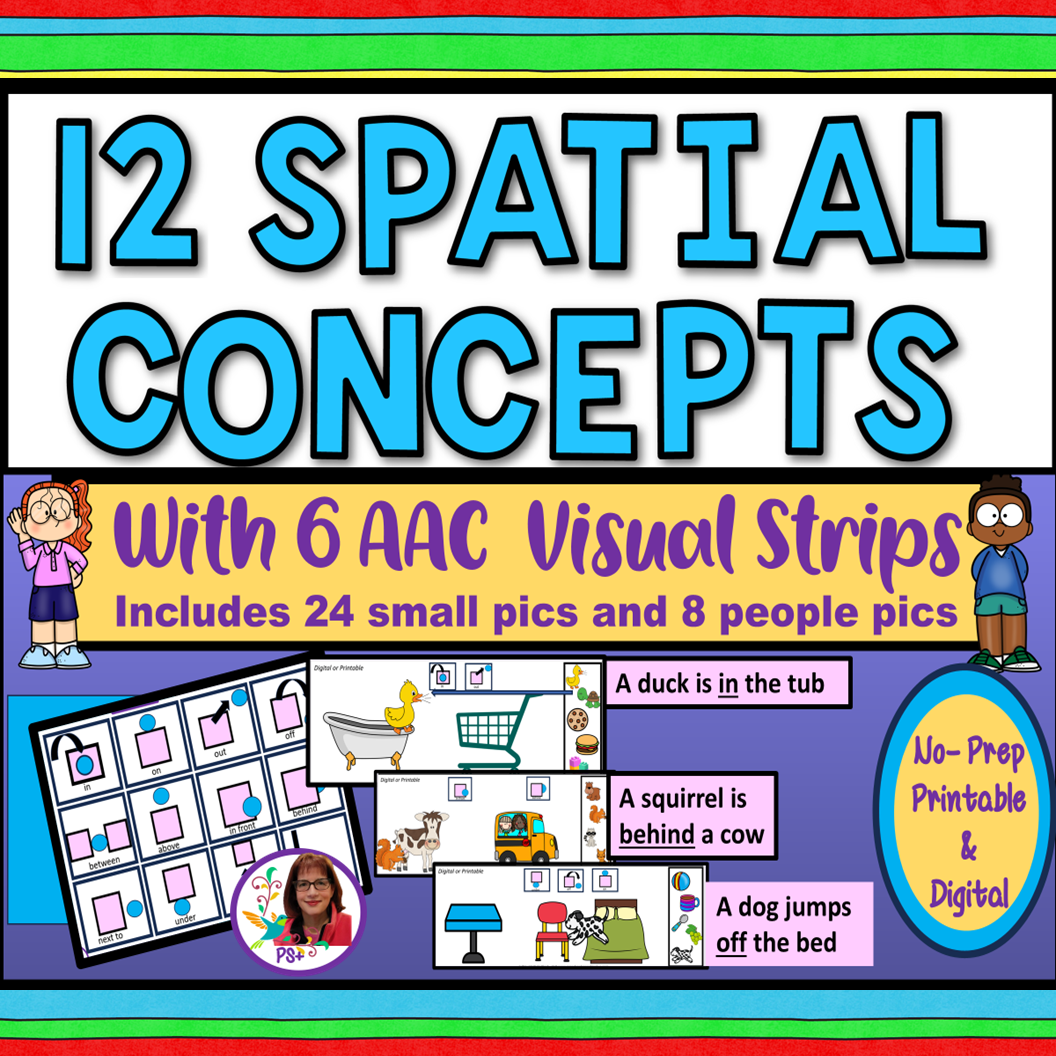 Cover of a learning resource titled '12 Spatial Concepts with 6 AAC Visual Strips' featuring cartoon children, sample visual strips, and a purple background with colorful borders.