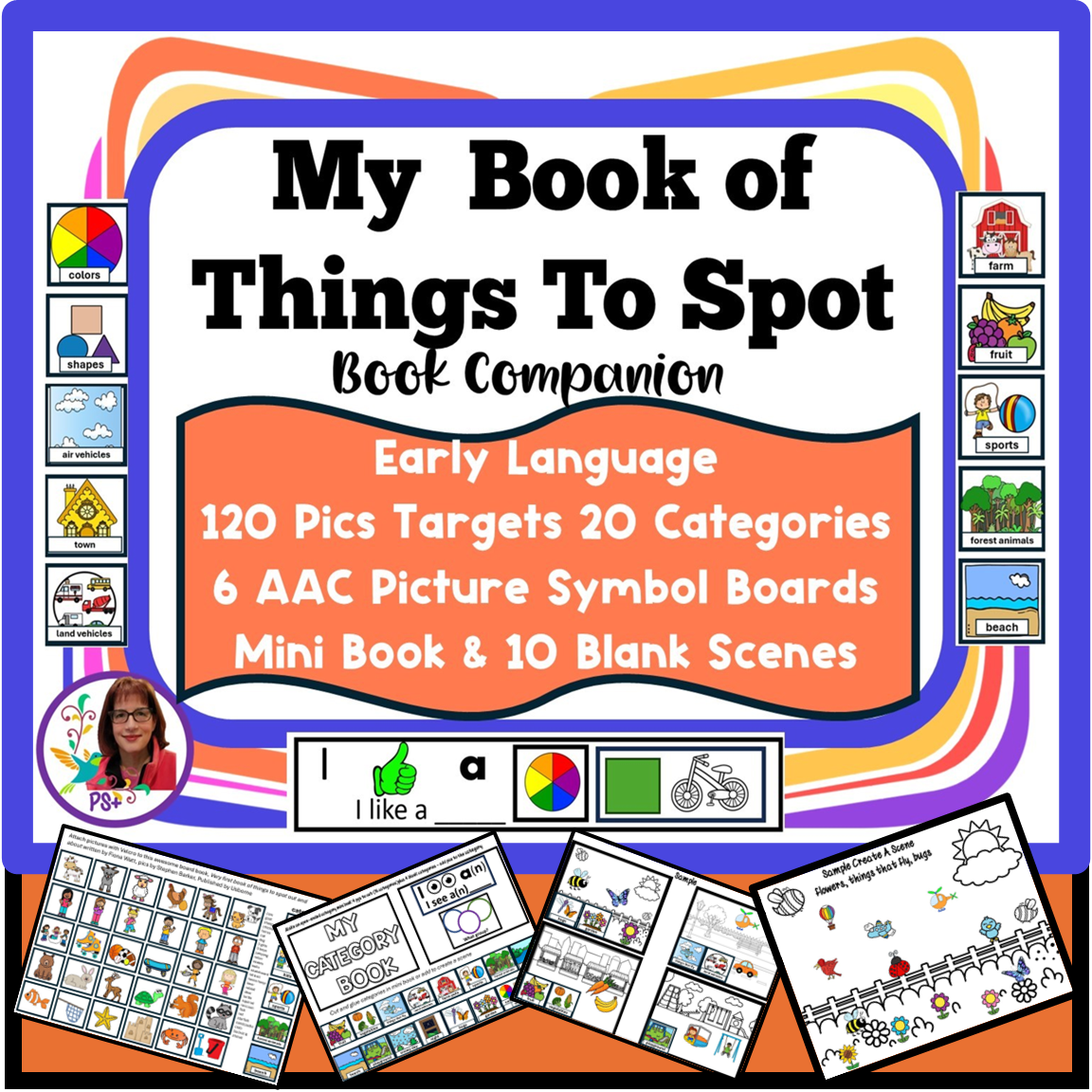 Promotional cover page for a children's educational book titled "My Book of Things To Spot Book Companion" featuring colorful graphics, example pages, and icons of a mind map, a bicycle, and a thumbs-up with text highlighting the book's features such