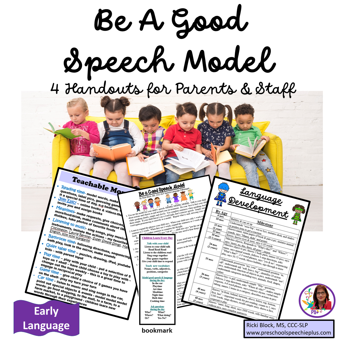 Cover page of a speech model guide for parents and staff, titled 'Be A Good Speech Model,' with a photo of six children reading books on a yellow couch. The guide includes handouts titled 'Teachable Model,' 'Be A Good Speech Model,' and 'Language Dev