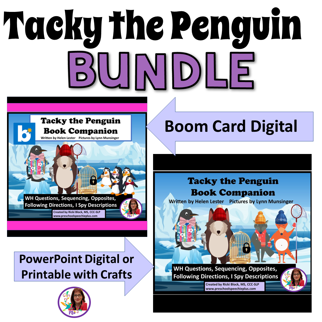 Cover of Tacky the Penguin Bundle, featuring illustrations of penguins with various accessories and background of ice mountains, with labels indicating digital Boom Card and printable formats with crafts.