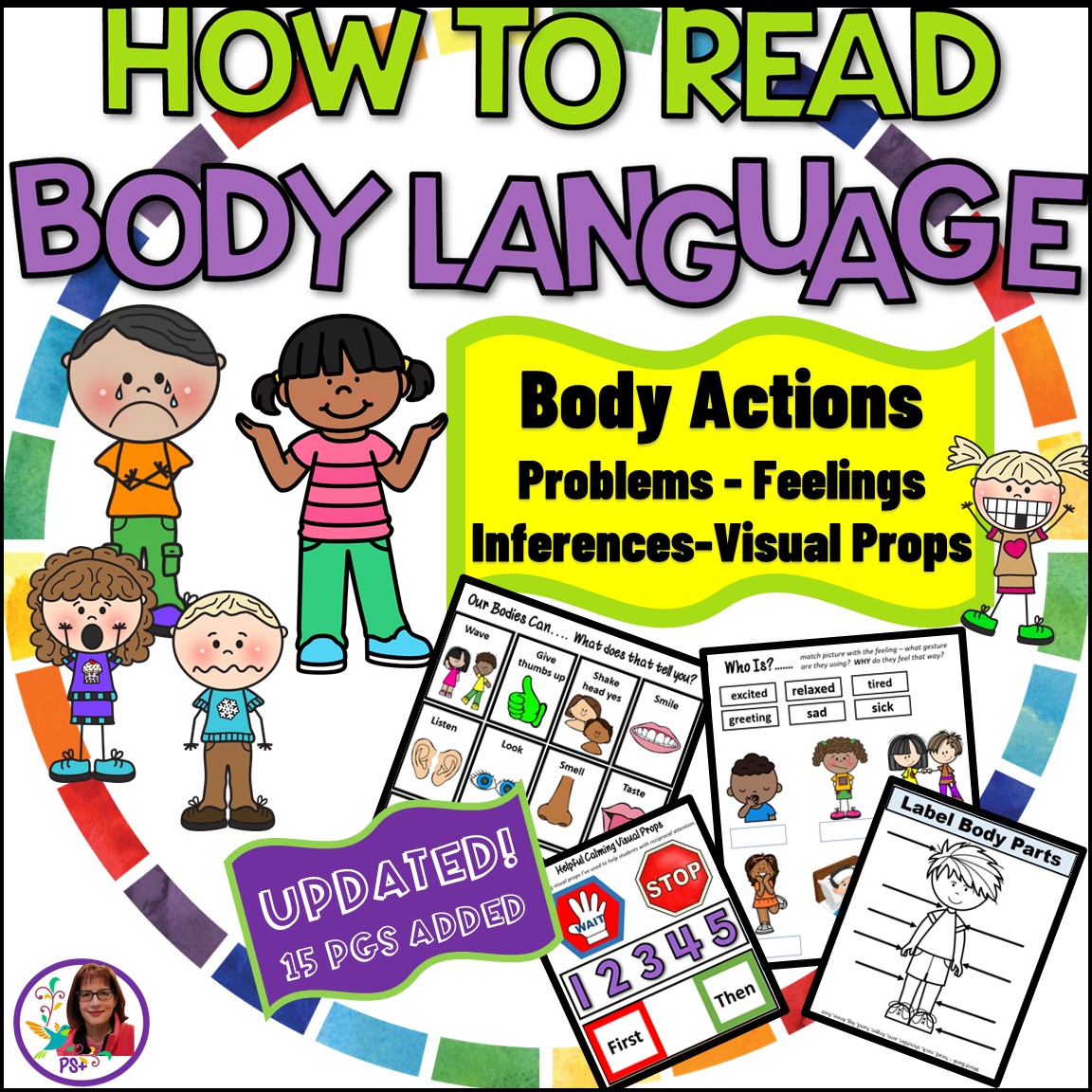 Colorful educational poster titled 'How to Read Body Language' featuring cartoon children with different facial expressions, and examples of body language activities, visual props, and body part labeling for teaching body language, emotions, and comm