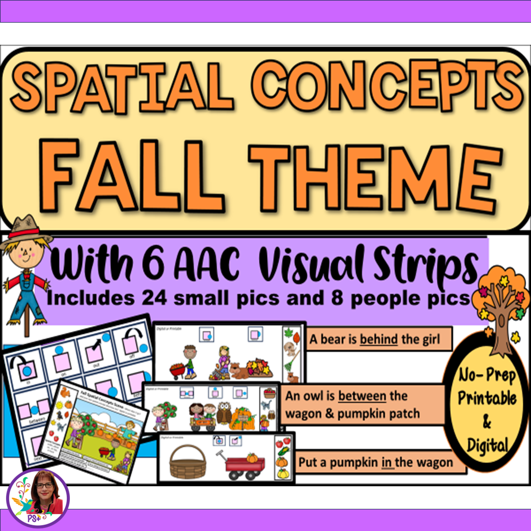 Educational resource for fall-themed spatial concepts featuring 6 AAC visual strips, small pictures, and people pictures with examples like: a bear behind a girl, an owl between a wagon and a pumpkin patch, and a pumpkin in a wagon, with colorful fal