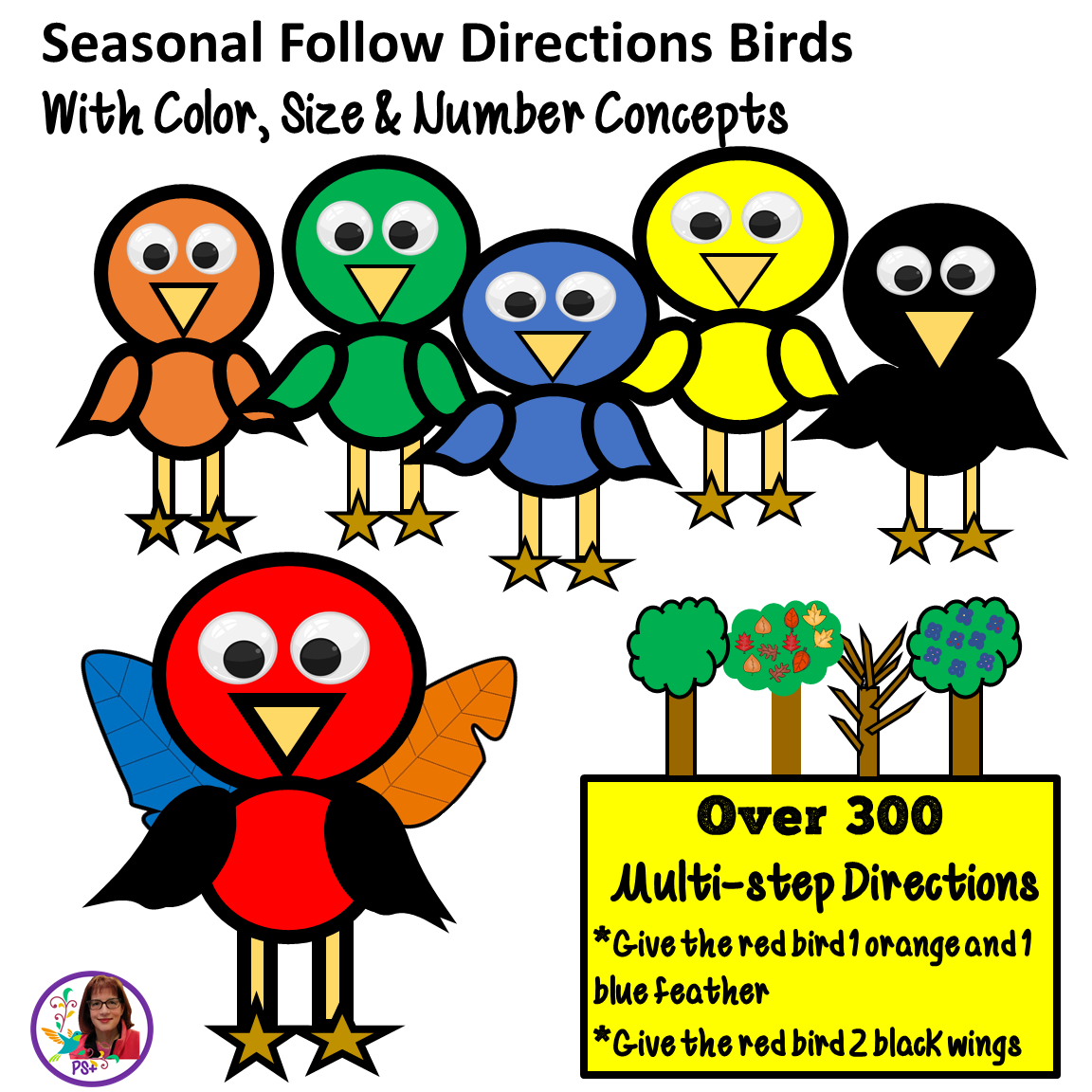 Illustration showing colorful birds with size, color, and number concepts, and trees with a sign about over 300 multi-step directions. The birds are orange, green, blue, yellow, black, and red, each with large eyes, triangular beaks, and feet. The re
