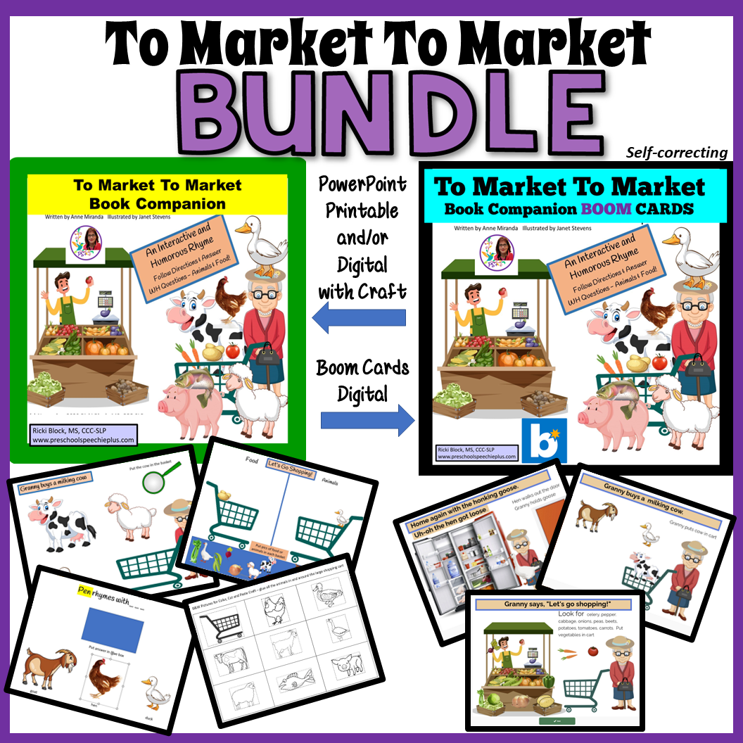 Marketing materials for 'To Market To Market' book companion and boom cards, including digital and printable options. Shows colorful product covers, sample boom cards with illustrations of animals, and activities for children involving rhymes and sho