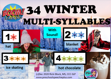Christmas-themed educational worksheet titled '34 Winter Multi-Syllables' featuring four winter activities with corresponding images and numbers. Item 1 is a gray knit hat, item 2 is a red and black blanket, item 3 is a girl ice skating, and item 4 i