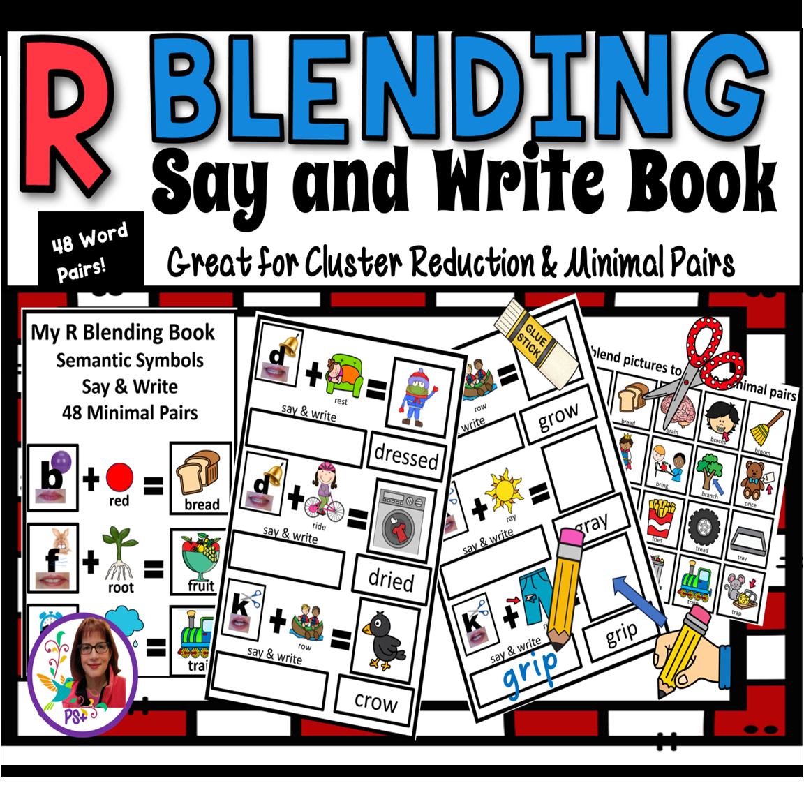Educational resource titled "R Blending Say and Write Book" with colorful pages showing phonetic word pairs, pictures for blending, and instructions for activities, designed for speech therapy and early literacy development.