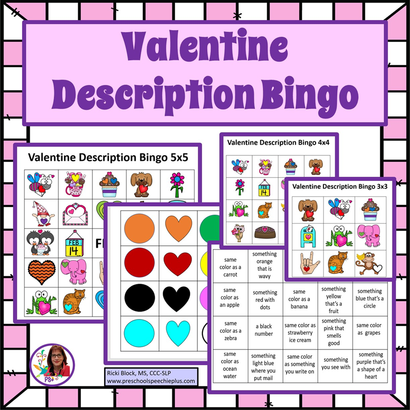 A colorful educational poster titled 'Valentine Description Bingo' featuring three different bingo game cards with Valentine's Day themed images and descriptions, alongside a color matching activity with colored hearts. The poster has a pink, purple,