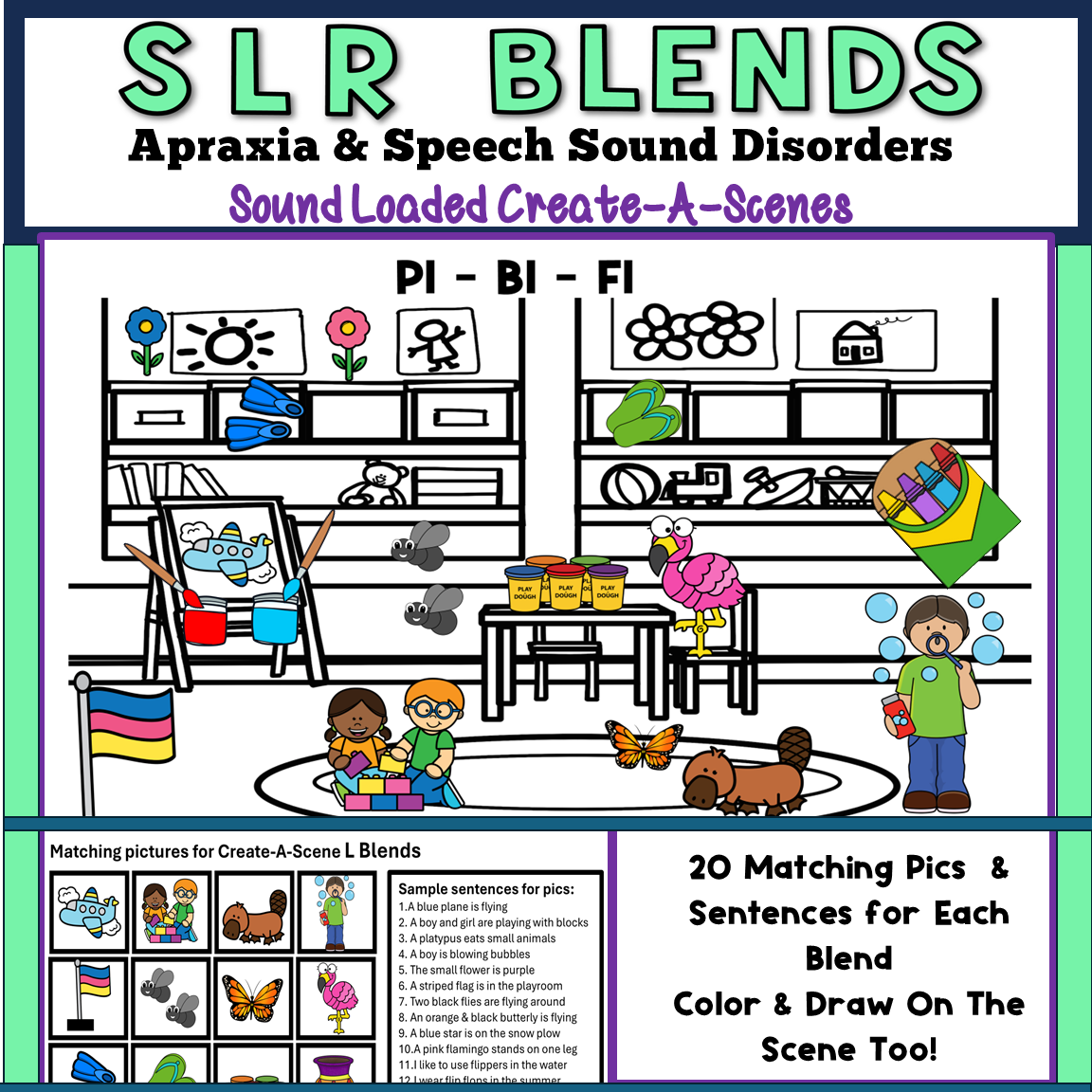 Educational coloring sheet about SLR blends for speech sound disorders, featuring colorful illustrations of objects and animals, with matching pictures and sentences for learning activities.