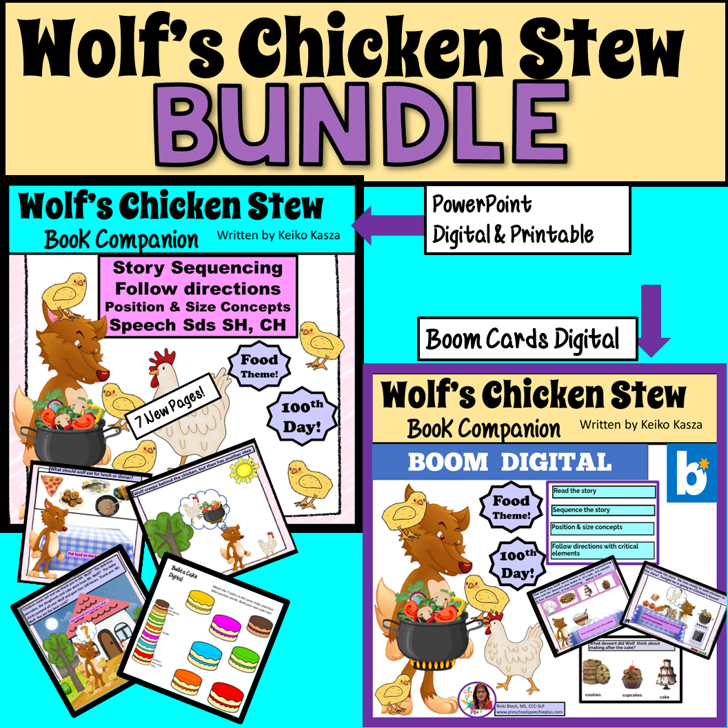 Promotional material for Wolf's Chicken Stew book companion, available as PowerPoint, digital, and printable bundles. Features colorful illustrations of a wolf, chickens, and food-related content including sequencing, speech concepts, and food themes