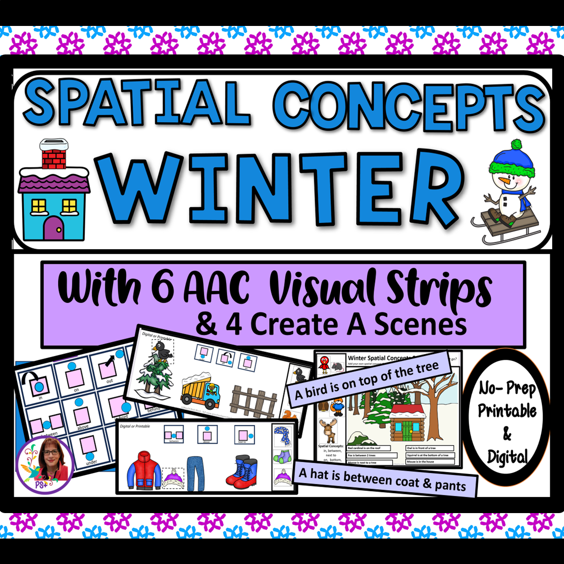 Educational poster titled 'Spatial Concepts Winter' featuring colorful illustrations of a house and a snowman, along with sample digital and printable activities on winter spatial concepts for children, emphasizing no-prep printable and digital forma