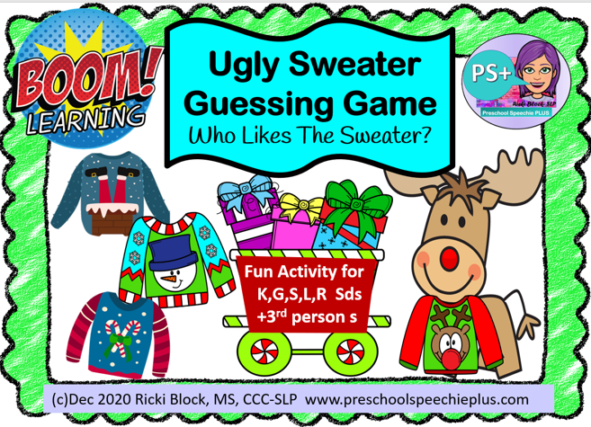 Colorful holiday-themed educational game cover featuring Christmas sweaters, wrapped gifts, a reindeer, and a Santa hat. Title reads "Ugly Sweater Guessing Game: Who Likes The Sweater?" with a subtitle about a fun activity for young children and a lo