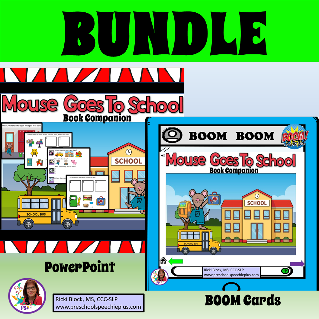 Image showing a bundle of educational materials titled 'Mouse Goes To School', including PowerPoint slides and BOOM Cards for preschool learning, featuring illustrations of a school bus, school building, and a mouse character.