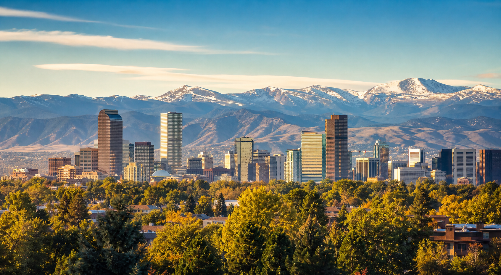 Denver skyline with the Rocky Mountains in the background