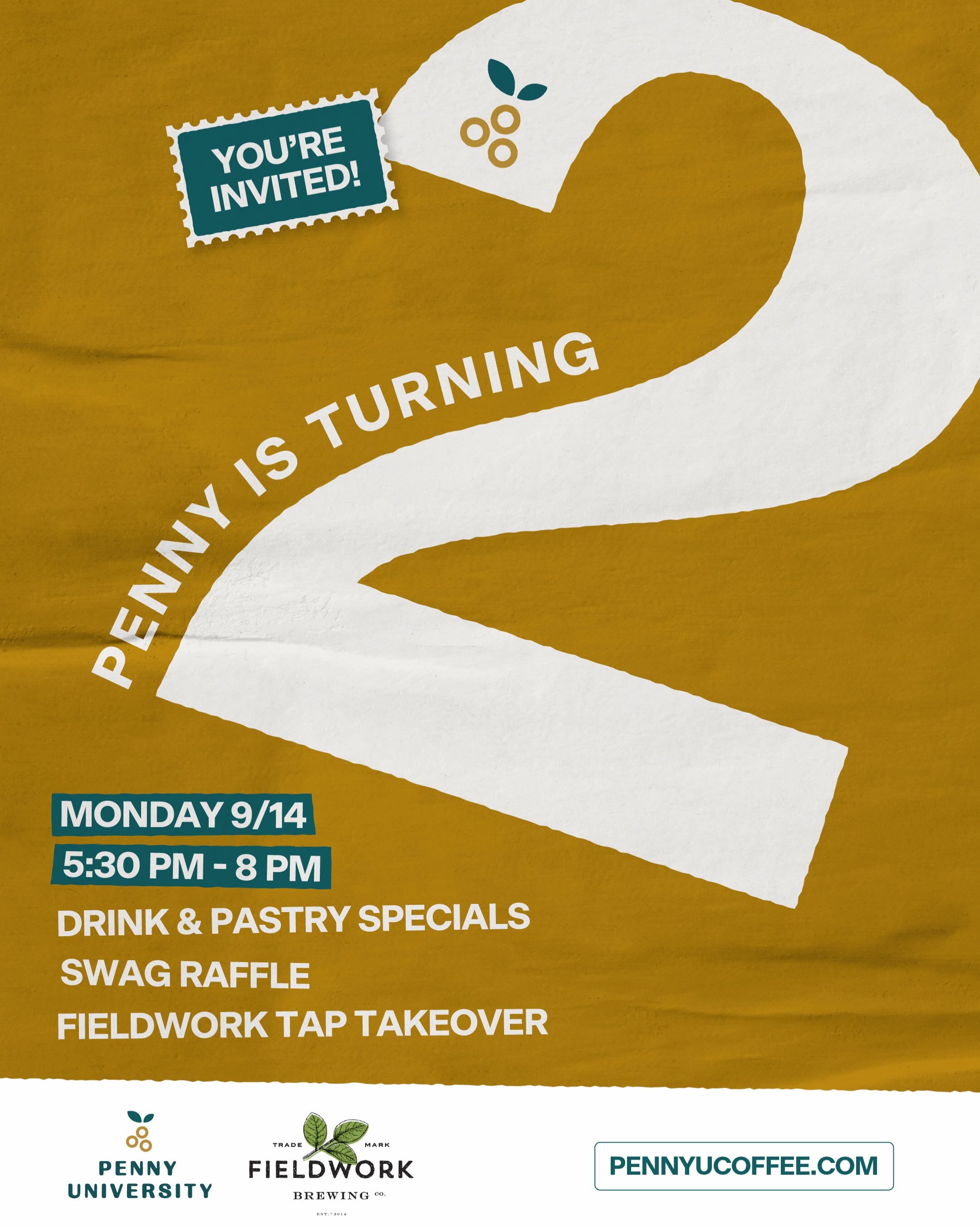 🎉 Penny University is turning 2! 🎉

Join us Monday, 9/14 starting at 5:30PM til 8 PM to celebrate with:
 🍺 A tap takeover from @drinkfieldwork  🎁 A raffle full of Penny + Fieldwork swag ☕🥐 Drink and pastry specials all night
📍 1202 J St, Modest