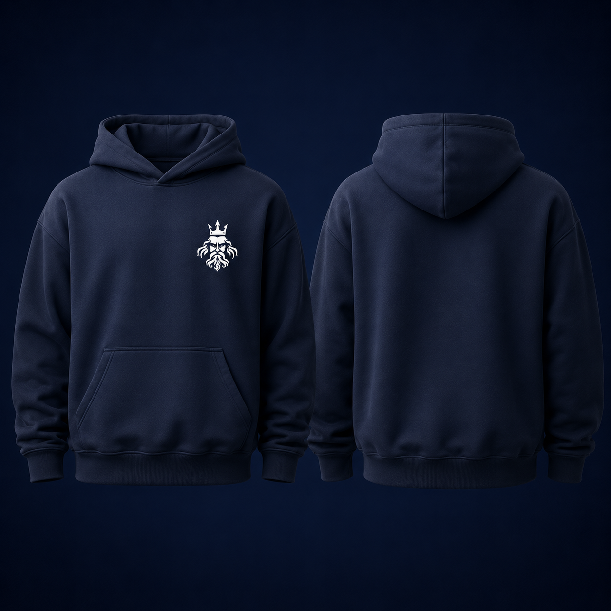 Hoodie image: Poseidon Performance Ink Blue oversized hoodie, front and back