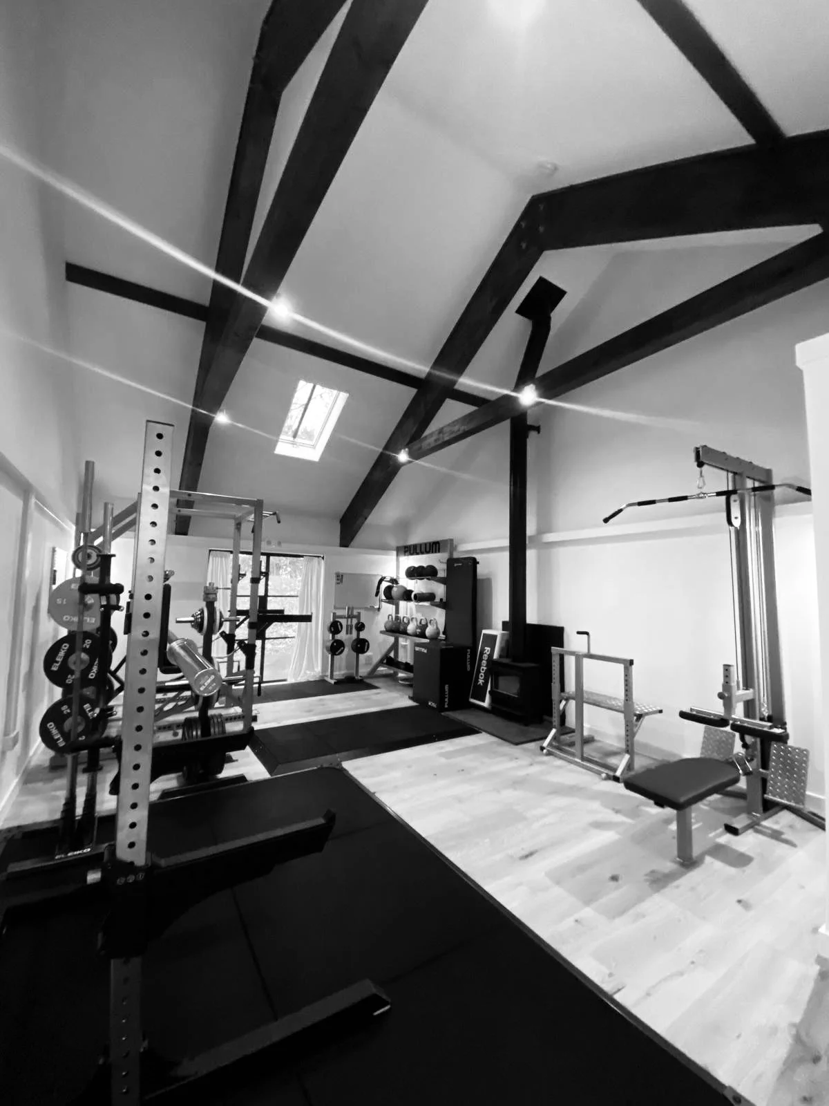 Home gym with weightlifting equipment, a bench, dumbbells, kettlebells, a pull-up bar, and a wood-paneled ceiling with skylight.