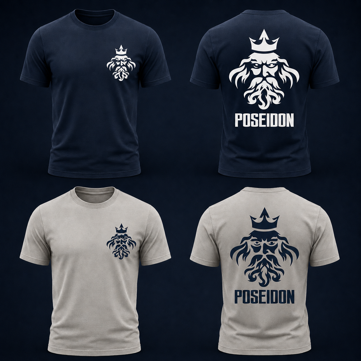 T-shirt image: Poseidon Performance navy and cement T-shirts, front and back