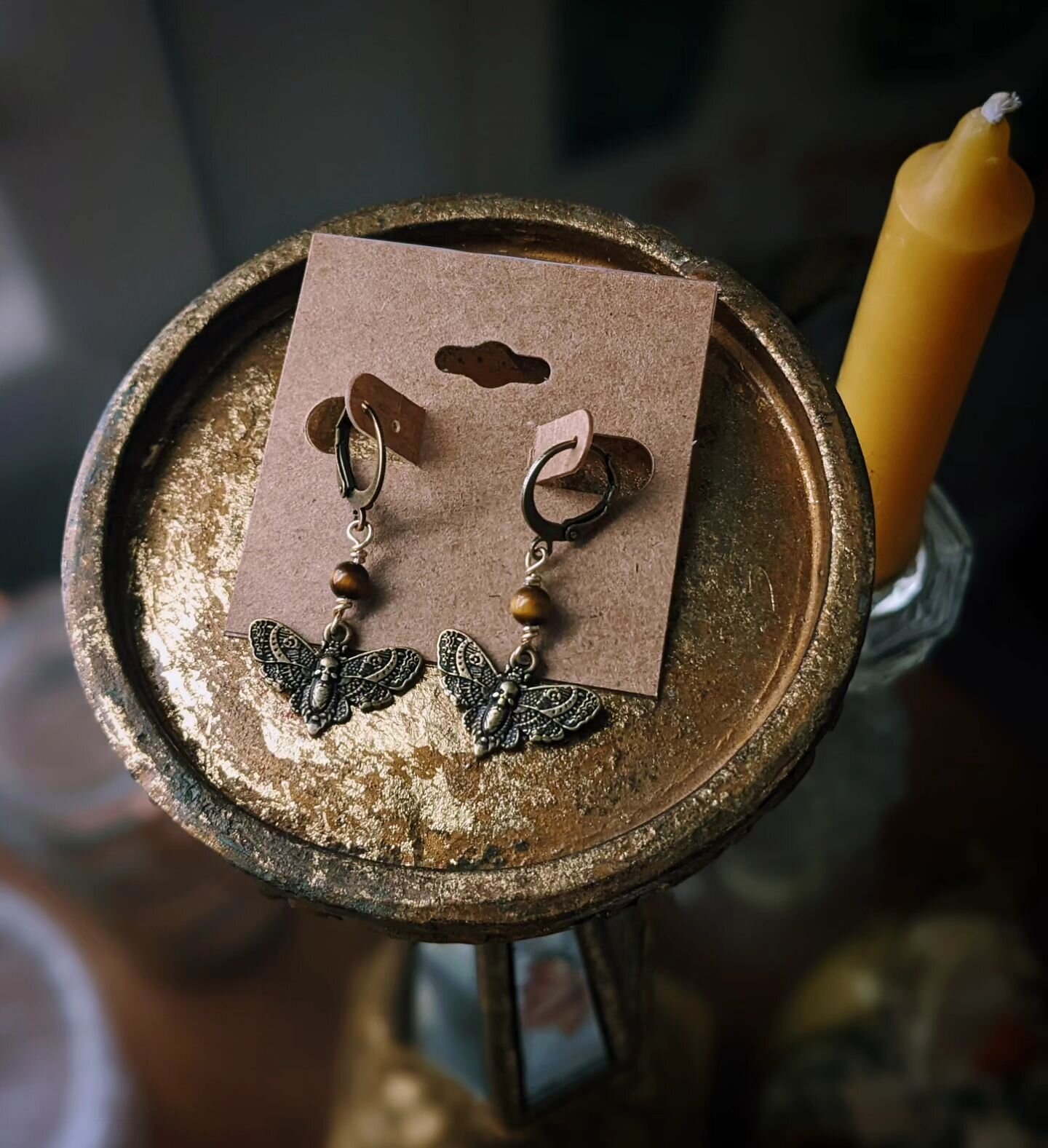 In honor of my 30th birthday TOMORROW, August 4th, I'll be releasing a few macabre-themed jewelry pieces to celebrate the &quot;Death of My 20s&quot;, like these antiqued brass Tiger Eye and Death Head Moth earrings! Tune in tomorrow at Noon EST to p