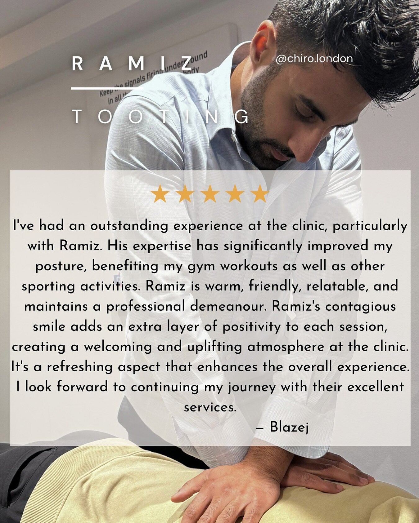 Another 5 🌟 review for Chiro.London Tooting&rsquo;s Ramiz! 

&lsquo;Contagious smile&rsquo; that&rsquo;s for sure!

To book in with Ramiz, contact Chiro.London Tooting at
☎️ 020 87676718
✉️ tooting@chiro.london