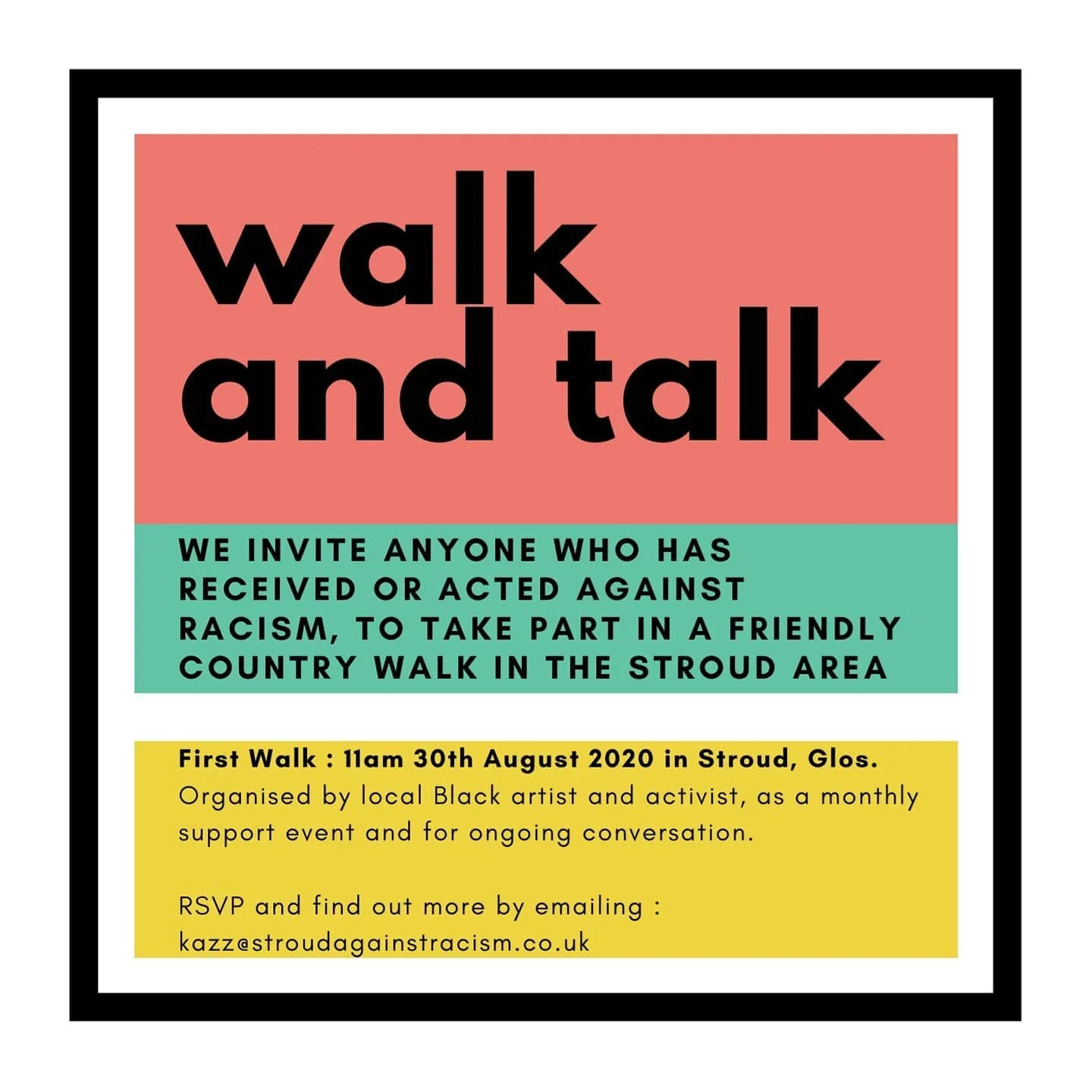 Invitation for Stroud Folk 🌞

We would like to invite anyone who has received or acted against racism, to take part in a friendly country walk in the Stroud area. Organised by Stroud-based artist and activist Helen Wilson-Roe, this will happen once 