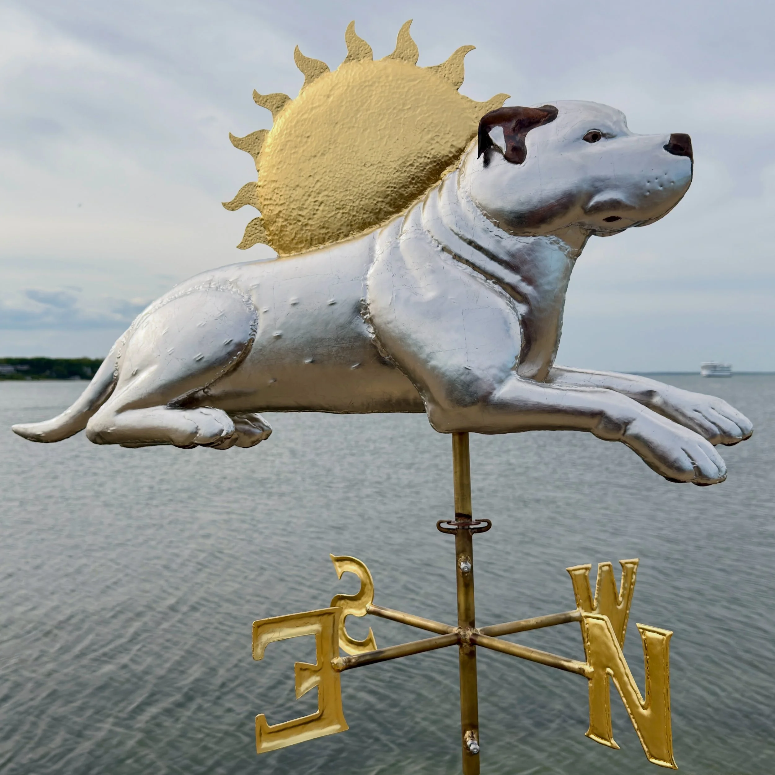 &ldquo;Herbert&rdquo; forever bathing in the sun. Repouss&eacute; Copper finished in @giustomanettibattiloro 23.5ct Gold Leaf &amp; Platinum Leaf. @seppleaf #dogoarentino #sunbathing #gilding #customweathervane #mansbestfriend