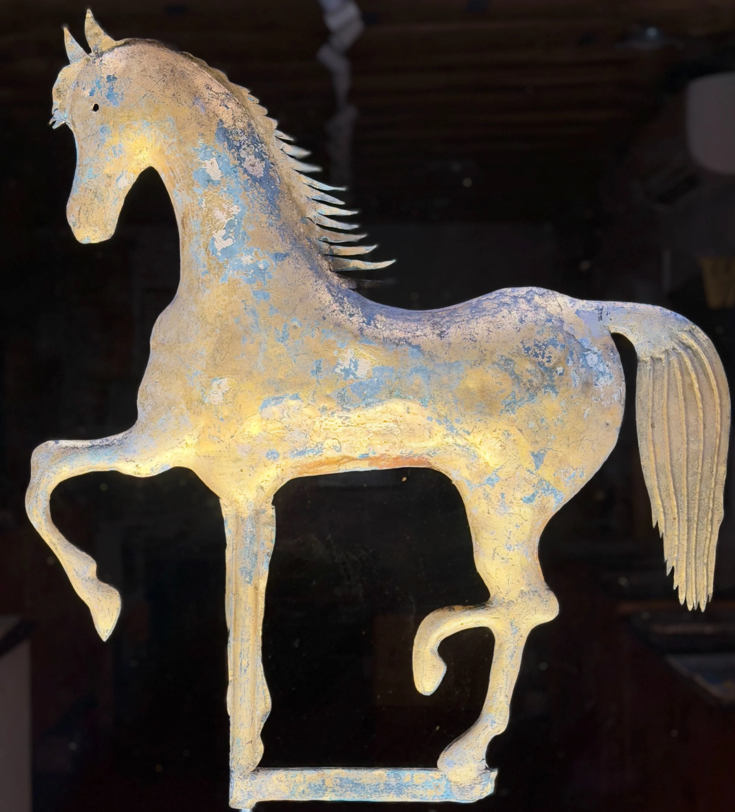 A rare barn find now available&mdash; this circa-1860 prancing horse weathervane by A.L. Jewell &amp; Co. of Waltham, MA is one of the finest surviving examples of its kind and is the only compete example known today. Original molded and gilt horse, 