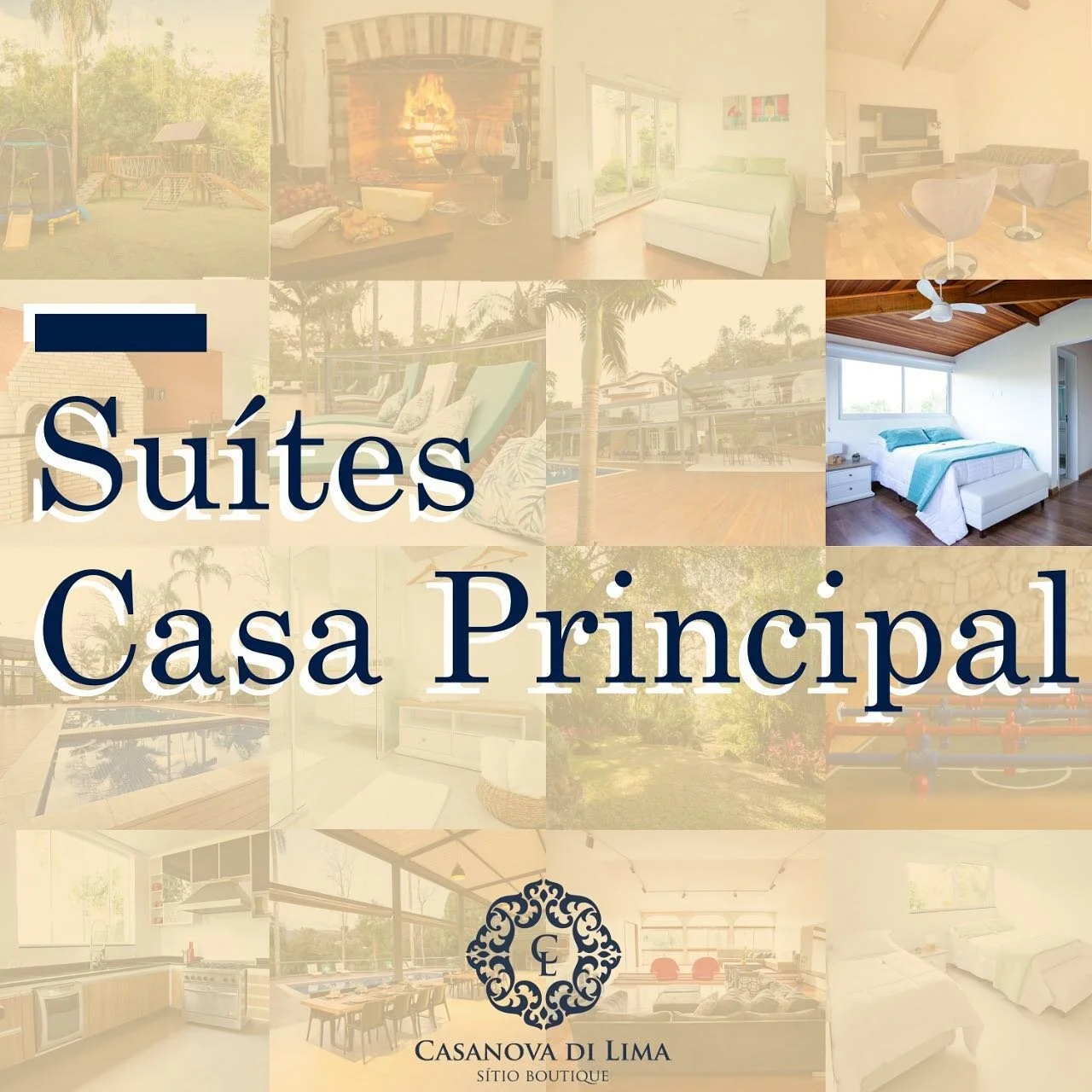 Suítes da Casa Principal:
&bull; 4 suítes com uma cama de casal
&bull; 1 suíte master com uma cama de casal
&bull; 1 suíte com uma cama de casal + uma de solteiro
&bull; 1 suíte com uma cama de casal + duas de solteiro
.
As suítes são equipada